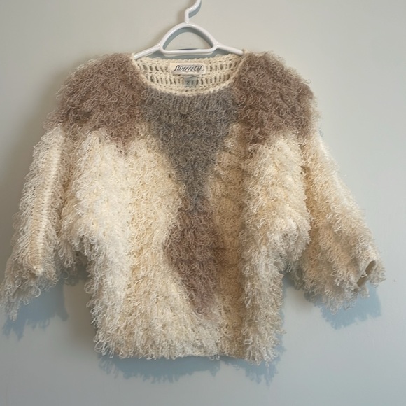 Sideffects Hand Crochet Ivory Tan Gray Pullover Sweater, Vintage, Size M - Picture 7 of 8